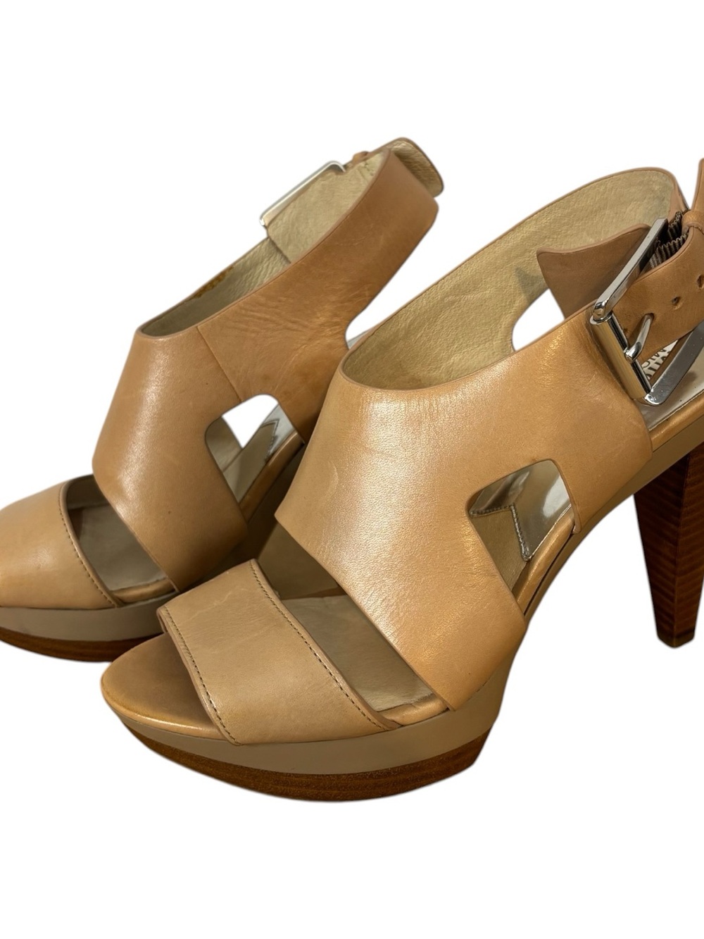 Michael Kors Women's Platform Heels Sandals Open Toe Buckle Leather Tan Size